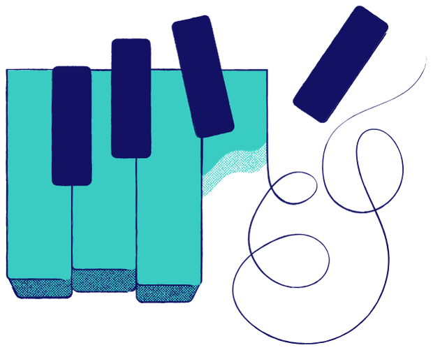 Piano keys flying off the keyboard, with a curling line of melody