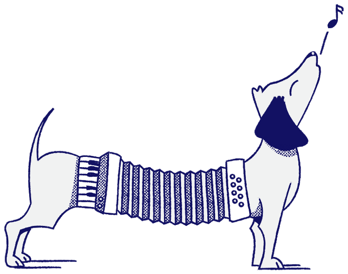 A dachshund with an accordion body, singing